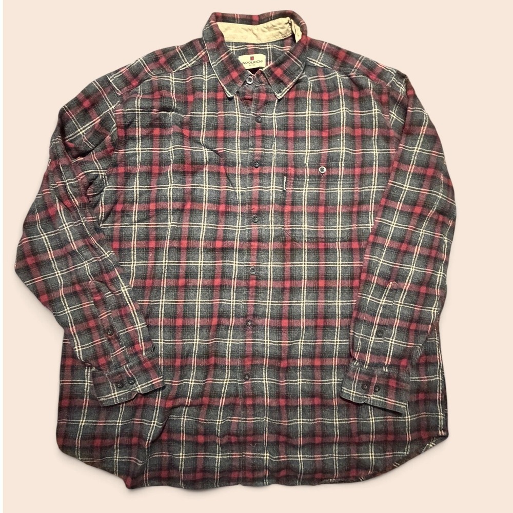 Woolrich Mens XL Red Grey Plaid Flannel Button Down Shirt Long Sleeve Cotton